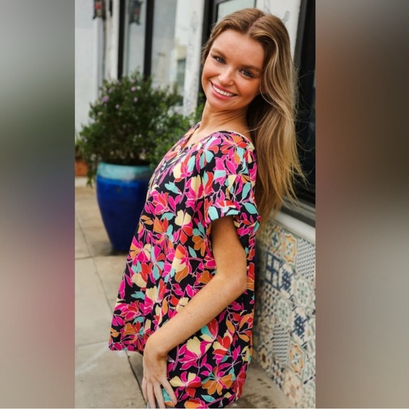 Women Floral V-Neck Top L Boho Vibrant Tropical Flowy Beachy Cruise Resort - Picture 4 of 12